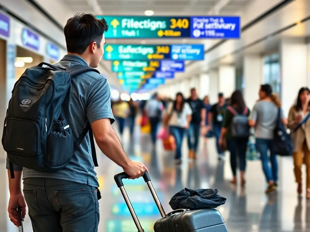 A traveler easily carrying a compact ZedZzzPod suitcase through an airport, highlighting its portability and convenience.