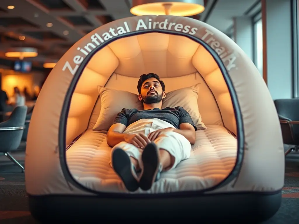 A person comfortably resting inside a fully set up ZedZzzPod in an airport lounge, showcasing its privacy and comfort features. The pod is well-lit and inviting, with soft ambient lighting and a plush interior.