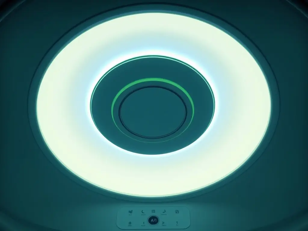 A close-up shot of the AI-controlled lighting and climate system inside a ZedZzzPod, emphasizing the advanced technology and personalized comfort.
