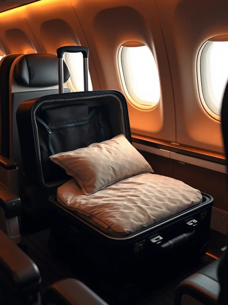 A high-quality image of the ZedZzzPod Portable Sleep Environment in its suitcase form, placed next to a first-class airline seat, emphasizing its portability and premium travel appeal.