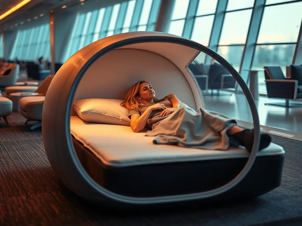 A person comfortably sleeping inside a ZedZzzPod in an airport lounge, showcasing the pod's privacy and comfort features.