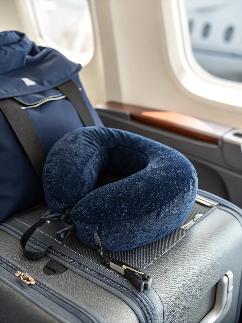 A luxurious Tempur-Pedic Travel Pillow placed on a plush airplane seat, highlighting its ergonomic design and comfort for premium travel.