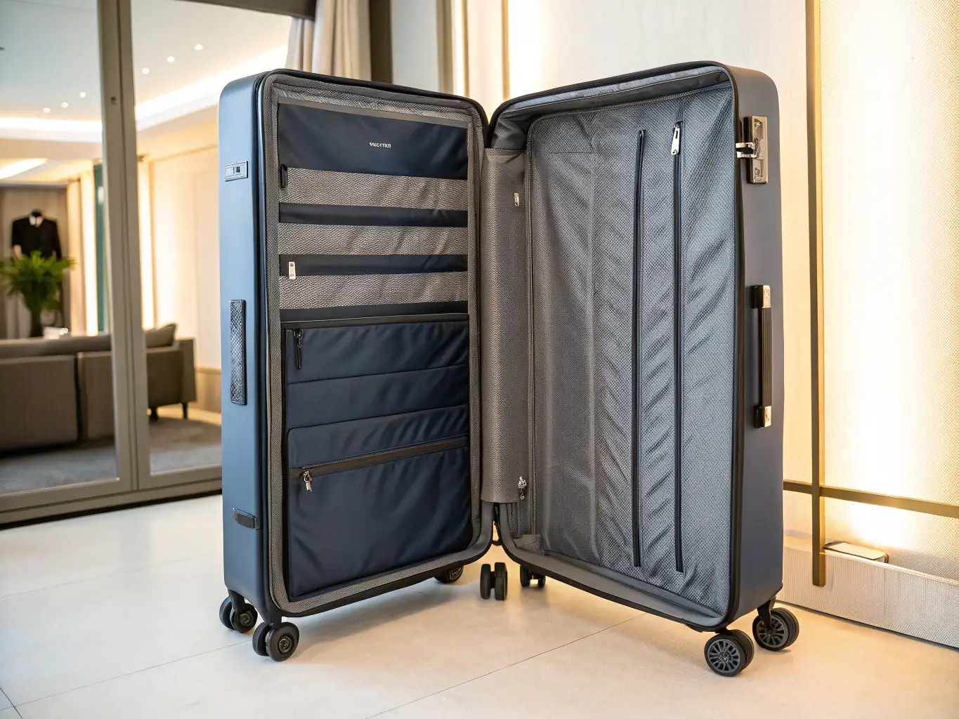 A sleek Samsonite Carry-On Spinner suitcase in an airport terminal, showcasing its durable hard shell, smooth spinner wheels, and TSA-approved lock. The suitcase is placed next to a boarding gate, ready for travel.