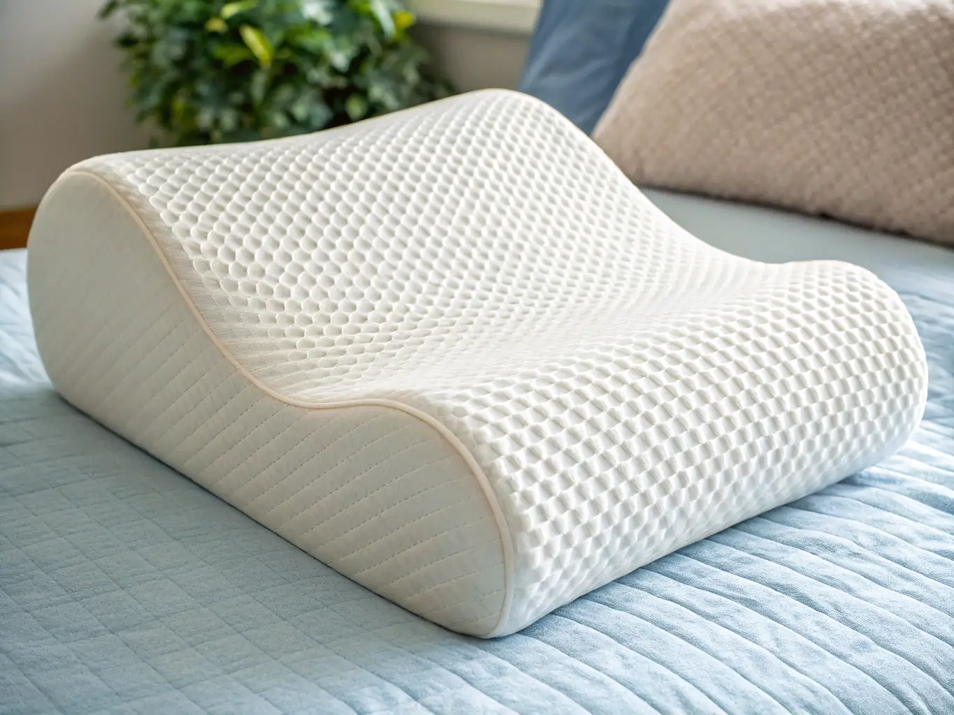 A high-quality Tempur-Pedic Travel Pillow placed on a comfortable airplane seat, highlighting its ergonomic design and neck support. The pillow is shown with a soft, breathable cover, ready for immediate use.